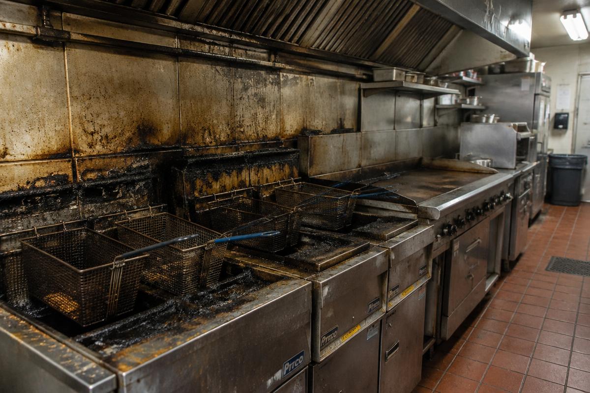 Fryer hotline covered in burnt grease and carbon